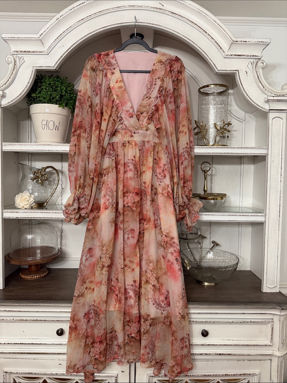 Large Shimmer lining Floral V-Neck Long Sleeve Maxi Dress - Pink